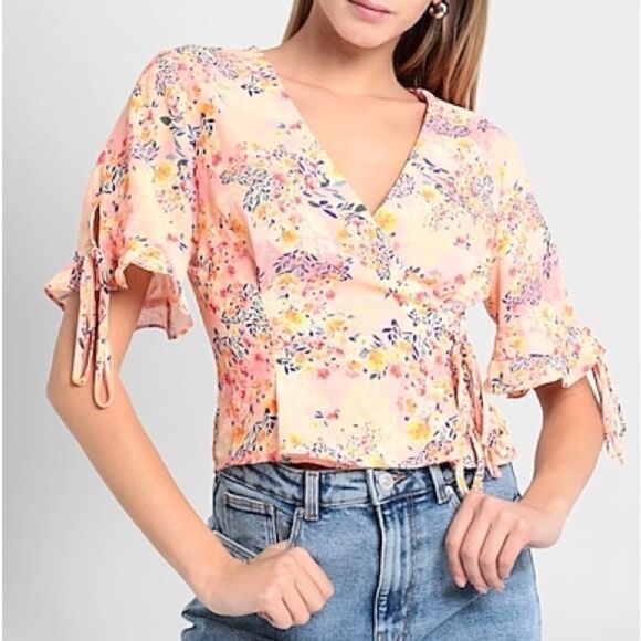 Topshop Salmon Floral Wrap Shirt Size 8 - Picture 11 of 11